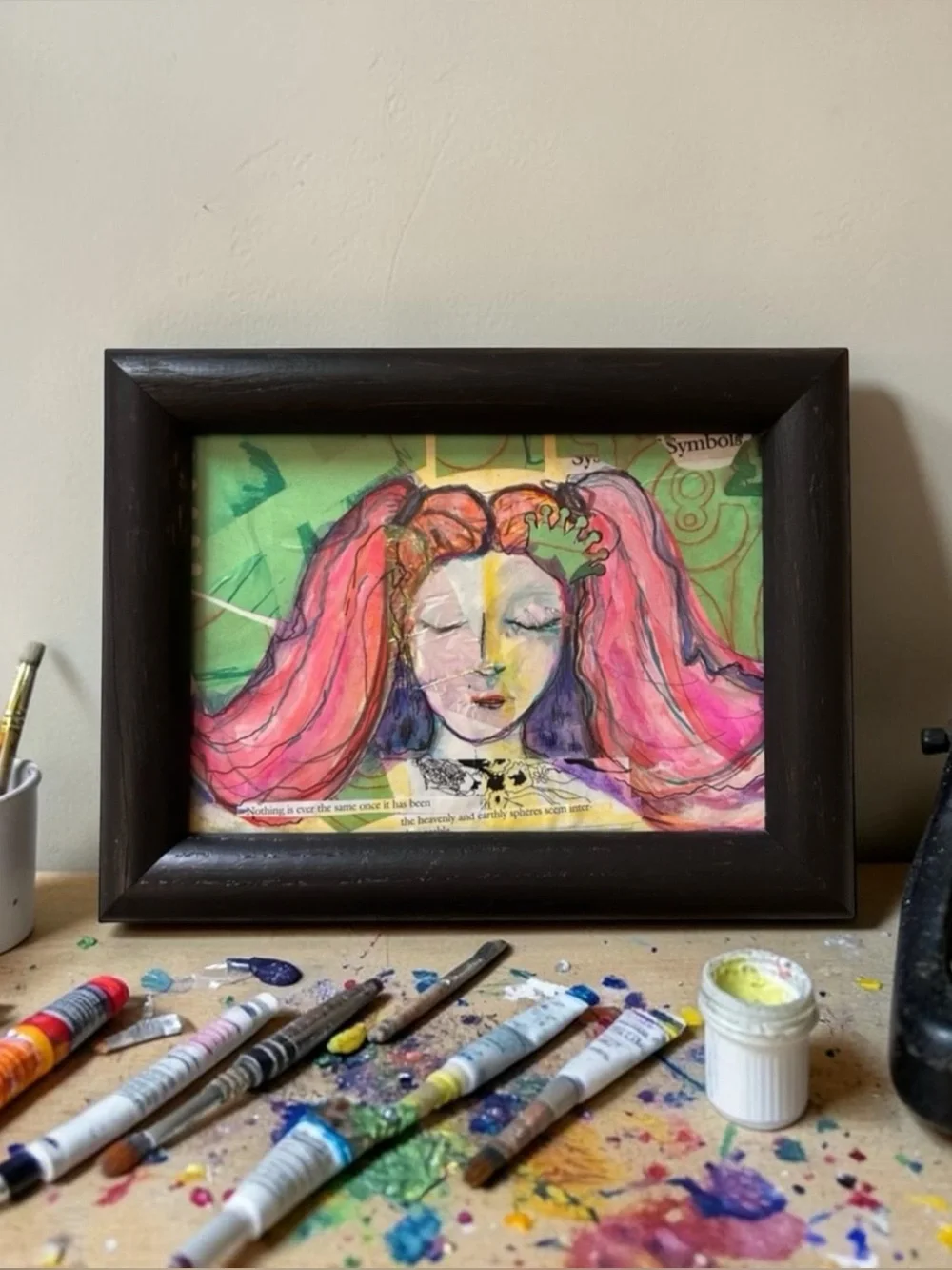 Handmade Framed Pink & Green Original Art Girl Power Gift Dorm Ready BTC 5x7 Art